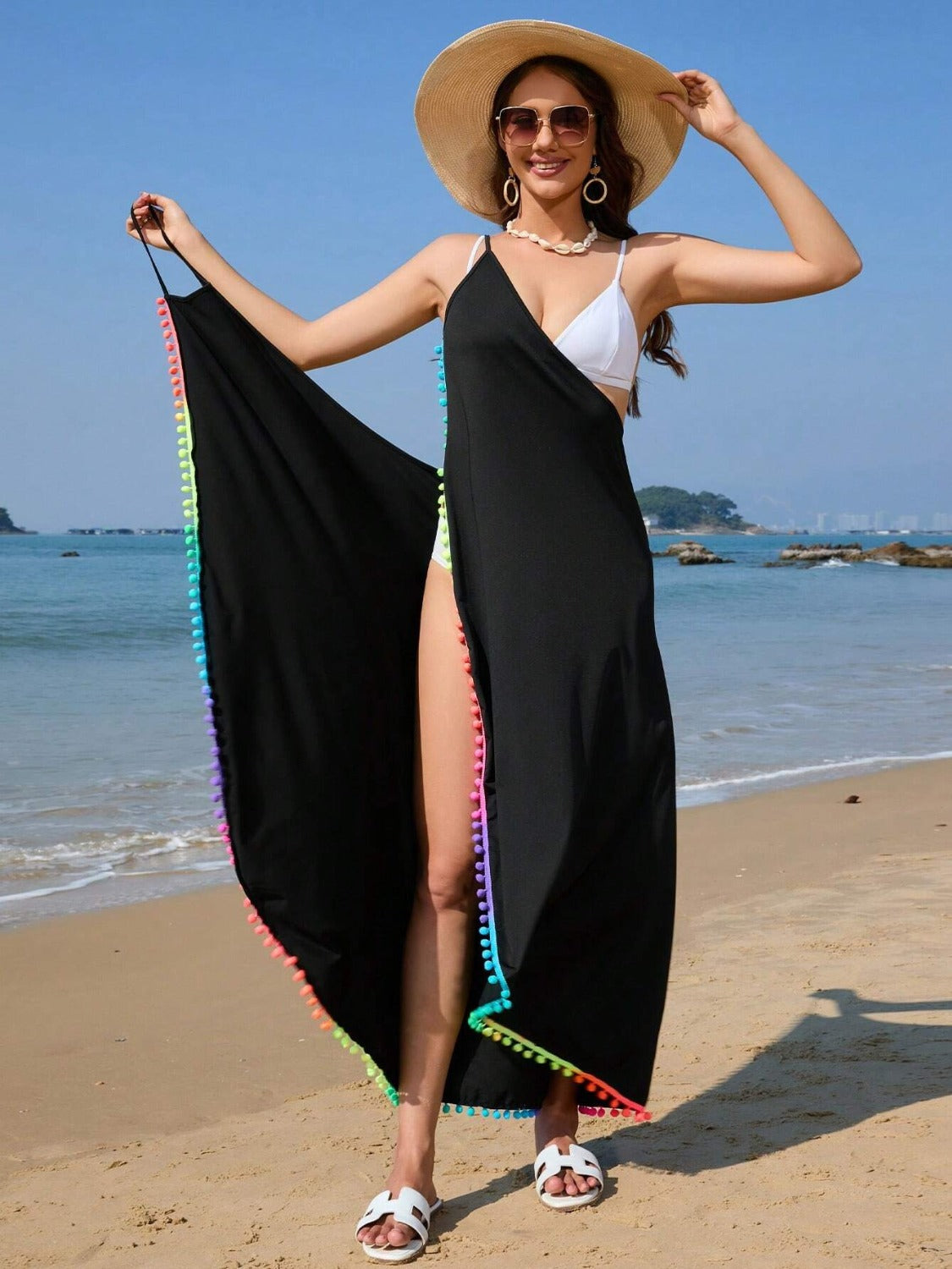 Rainbow Pompom Trim Spaghetti Strap Cover-Up