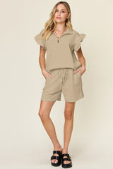 Double Take Full Size Texture Flounce Sleeve Top and Drawstring Shorts Set