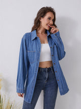 Pocketed Striped Button Up Denim Shirt