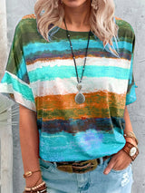 Full Size Color Block Round Neck Half Sleeve T-Shirt