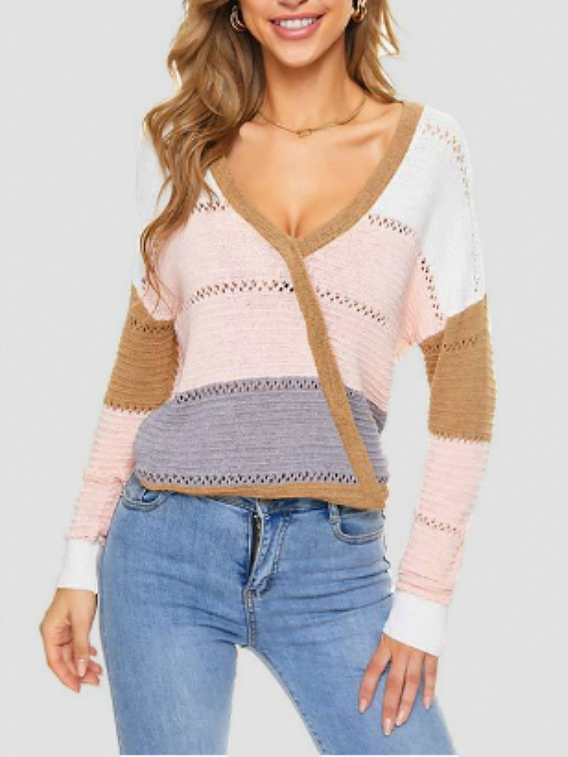 Eyelet Surplice Dropped Shoulder Sweater