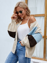 Color Block Button Up Lantern Sleeve Cardigan