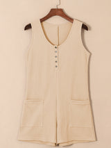 Waffle-Knit Half Button Sleeveless Romper with Pockets