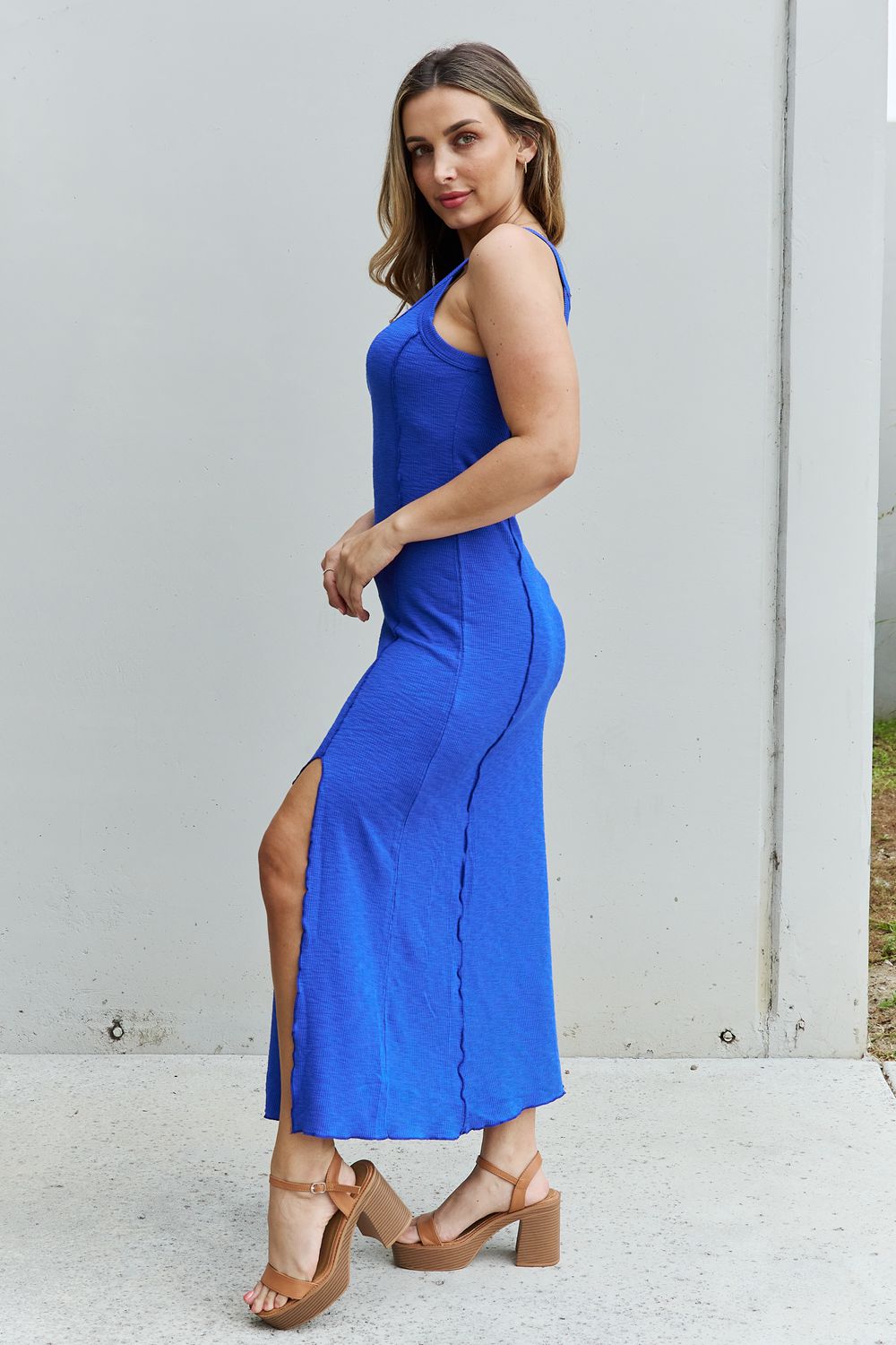 Culture Code Look At Me Full Size Notch Neck Maxi Dress with Slit in Cobalt Blue