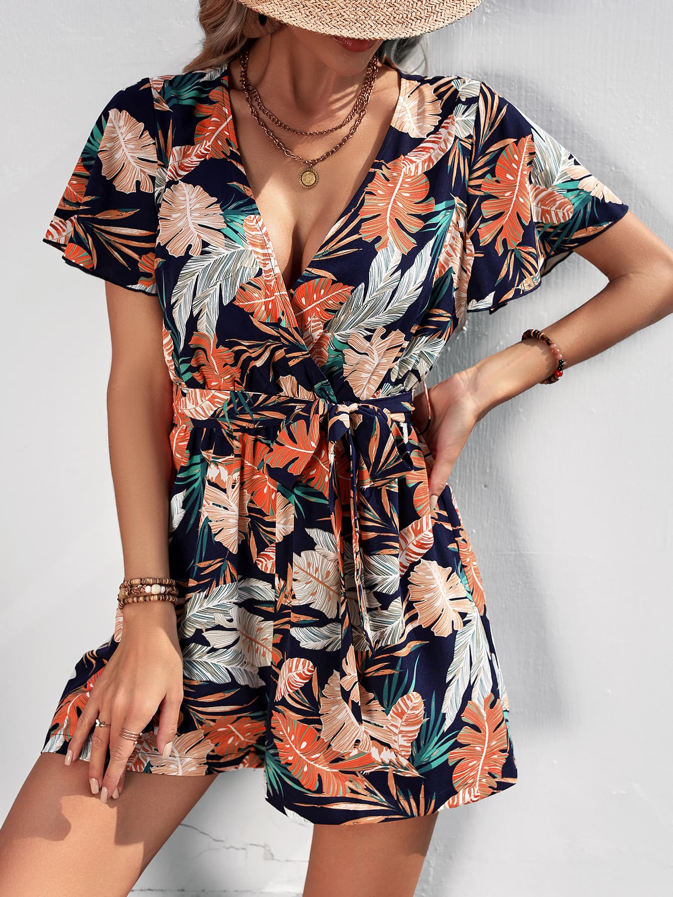 Botanical Print Surplice Neck Tie Waist Romper