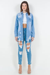 American Bazi Raw Hem Distressed Long Sleeve Denim Jacket