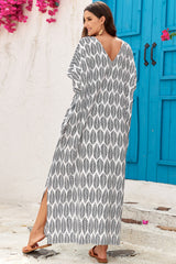 Slit Printed V-Neck Half Sleeve Cover Up