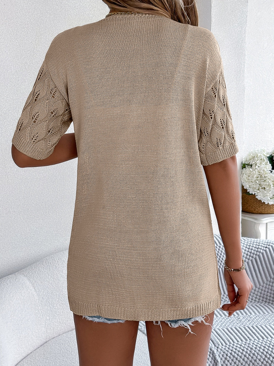 Openwork Open Front Short Sleeve Cardigan