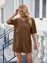 Backless Pocketed Round Neck Half Sleeve Romper