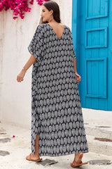 Slit Printed V-Neck Half Sleeve Cover Up