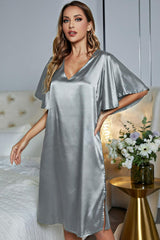 Satin Flutter Sleeve Side Slit V-Neck Night Dress