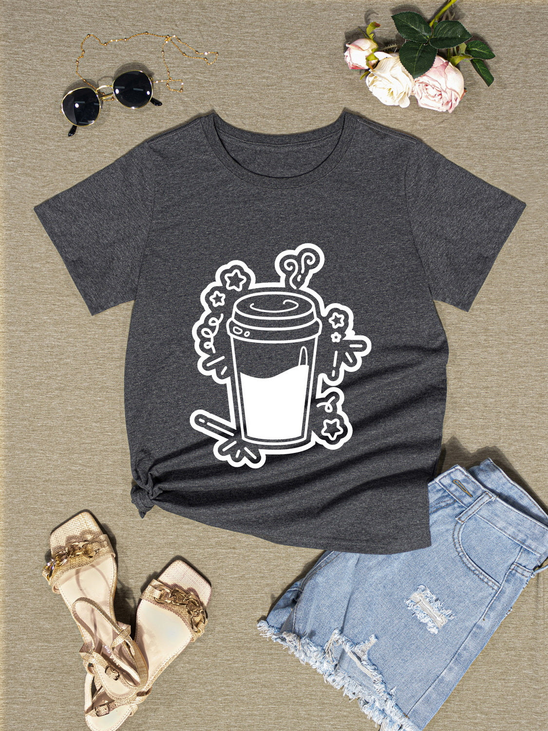 Coffee Round Neck Short Sleeve T-Shirt