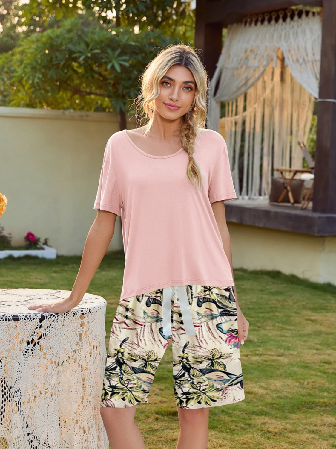 Short Sleeve Top and Printed Shorts Lounge Set