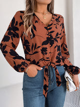 Printed V-Neck Long Sleeve Blouse