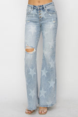 RISEN Mid Rise Button Fly Start Print Flare Jeans