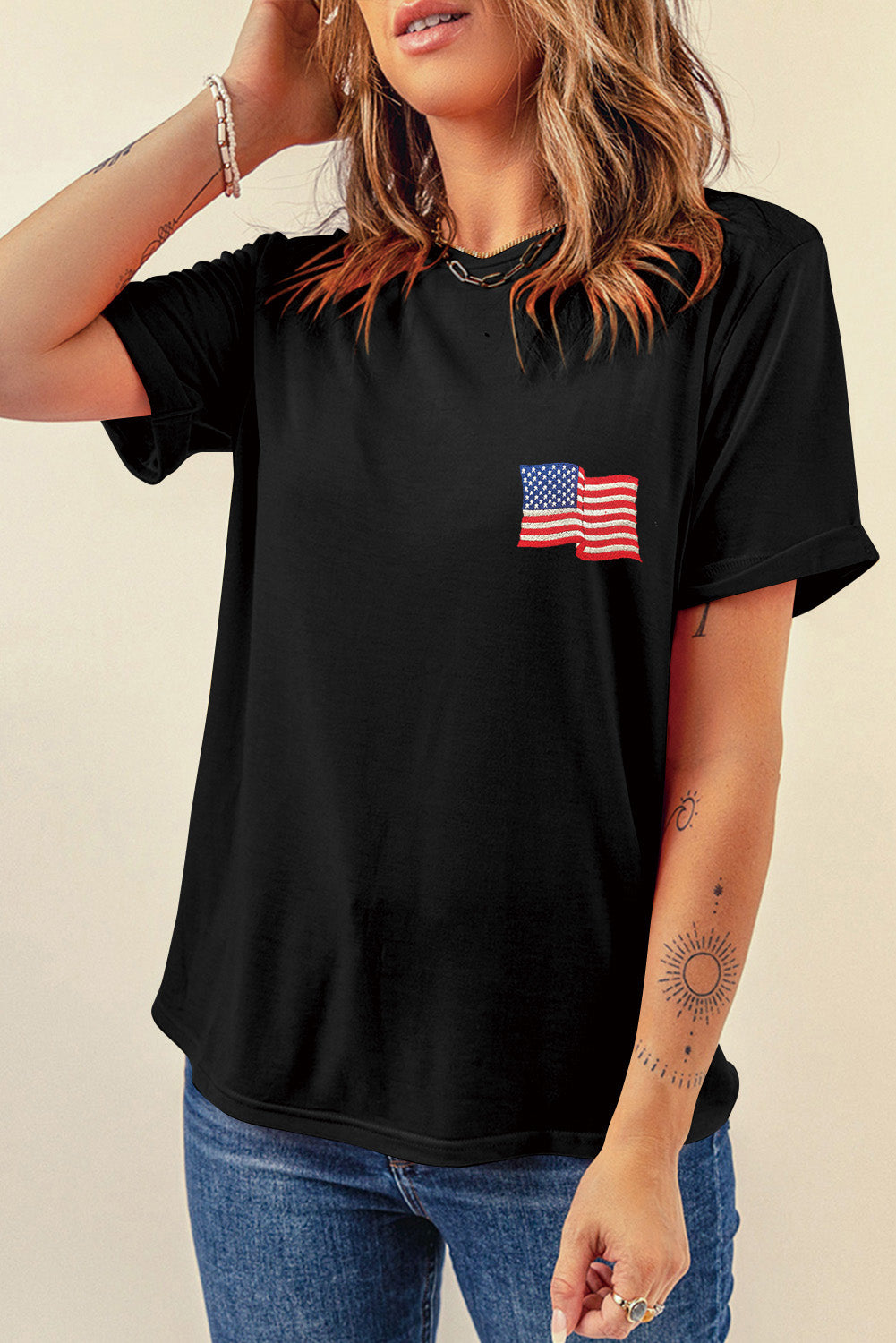 US Flag Round Neck Short Sleeve T-Shirt