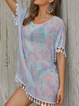 Full Size Tassel Scoop Neck Half Sleeve Cover Up