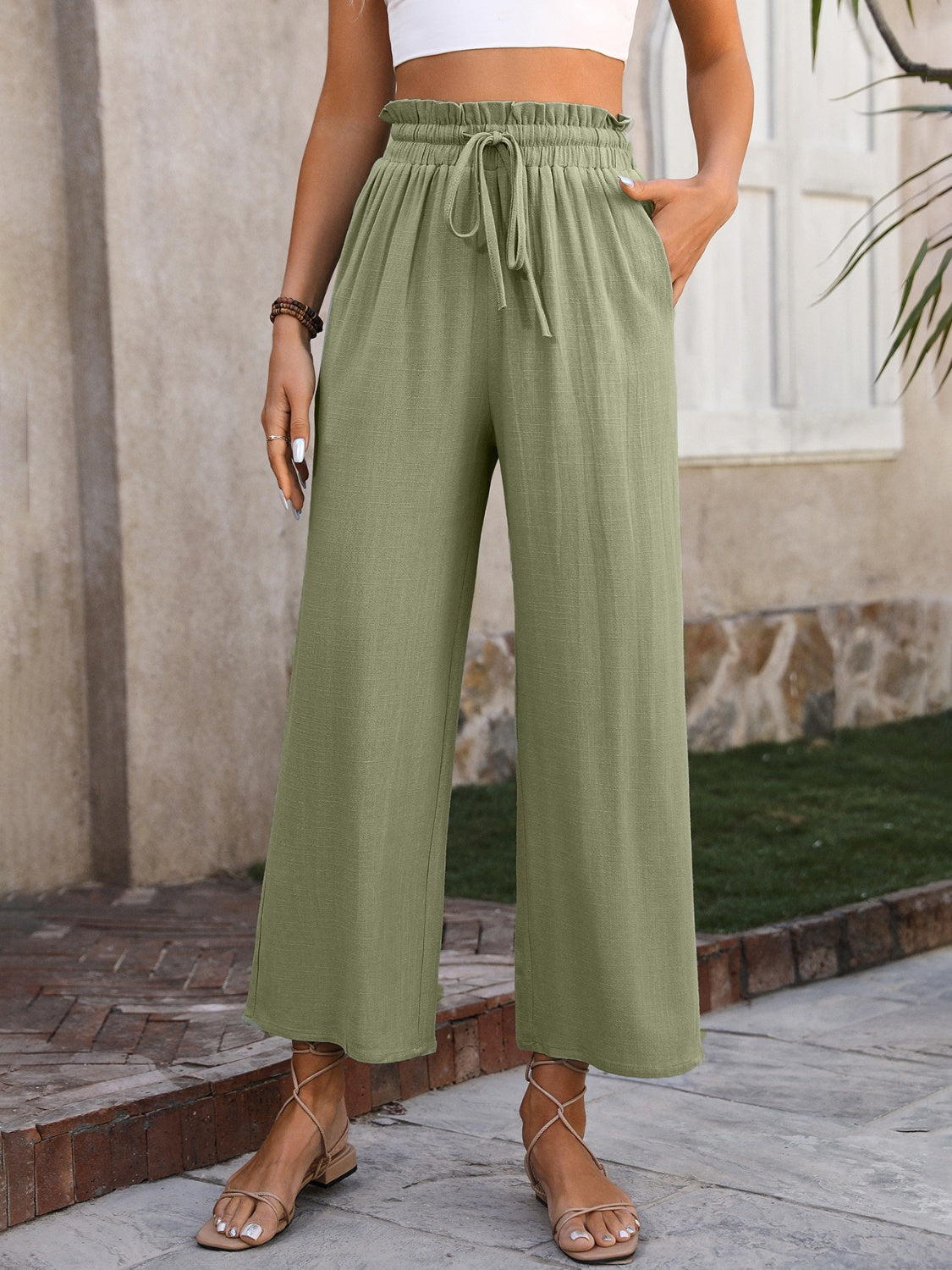 Drawstring Pocketed Wide Leg Pants