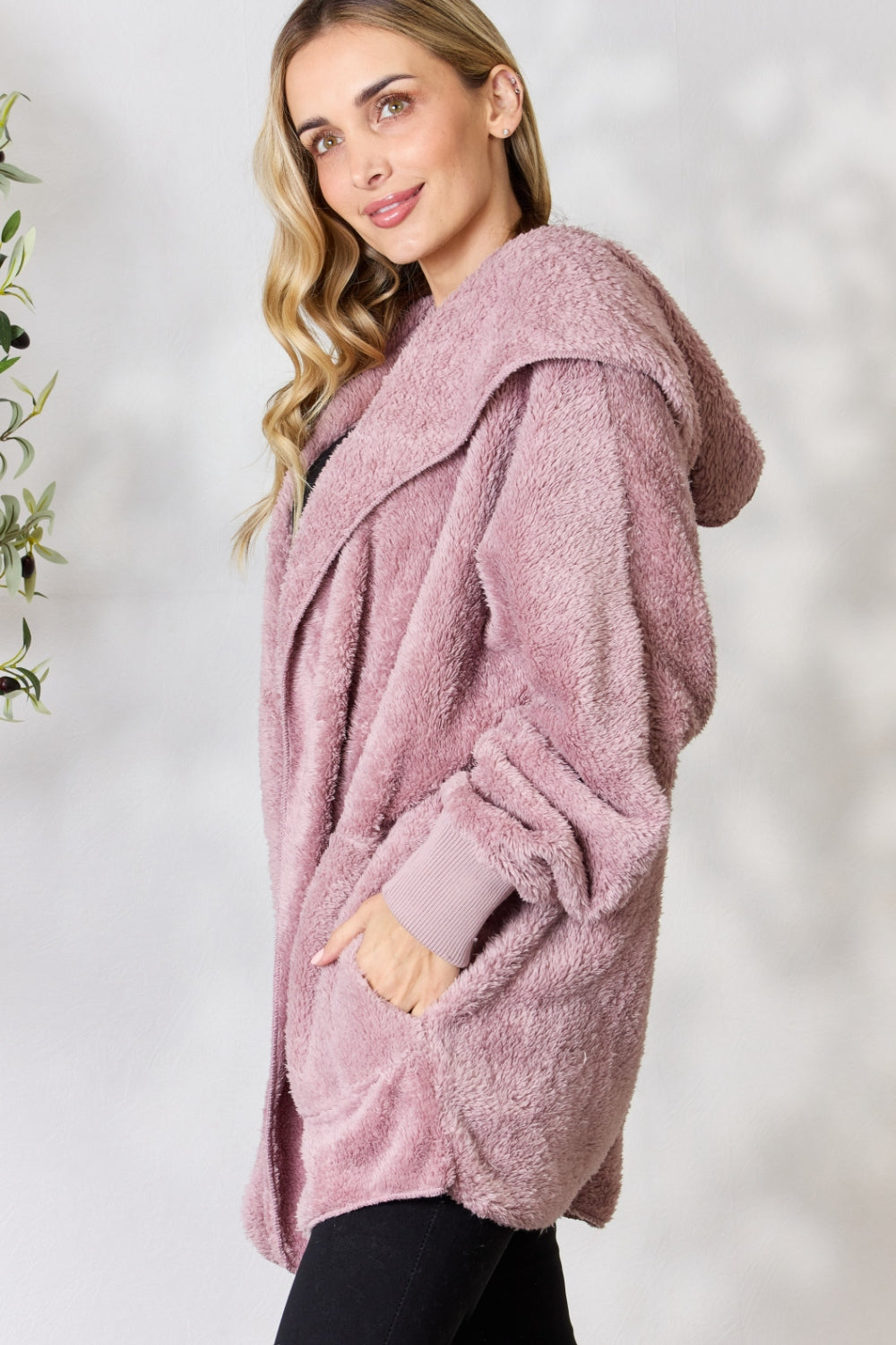 H&T Faux Fur Open Front Hooded Jacket