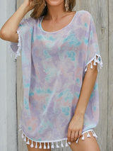 Full Size Tassel Scoop Neck Half Sleeve Cover Up