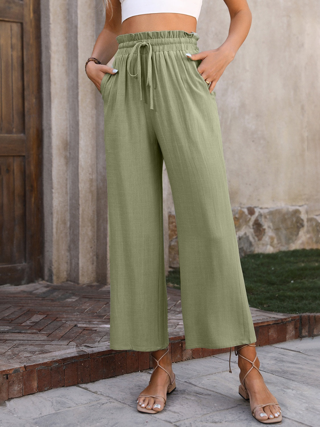 Drawstring Pocketed Wide Leg Pants