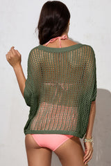 Openwork Round Neck Half Sleeve Knit Cover Up