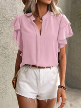 Ruffled Notched Short Sleeve Blouse