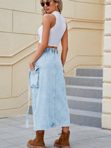 Slit Pocketed High Waist Denim Skirt