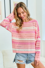 First Love Striped Long Sleeve Openwork Knit Top