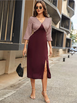 Slit V-Neck Three-Quarter Sleeve Midi Dress