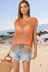 Openwork Cap Sleeve Knit Cover Up with Tassel