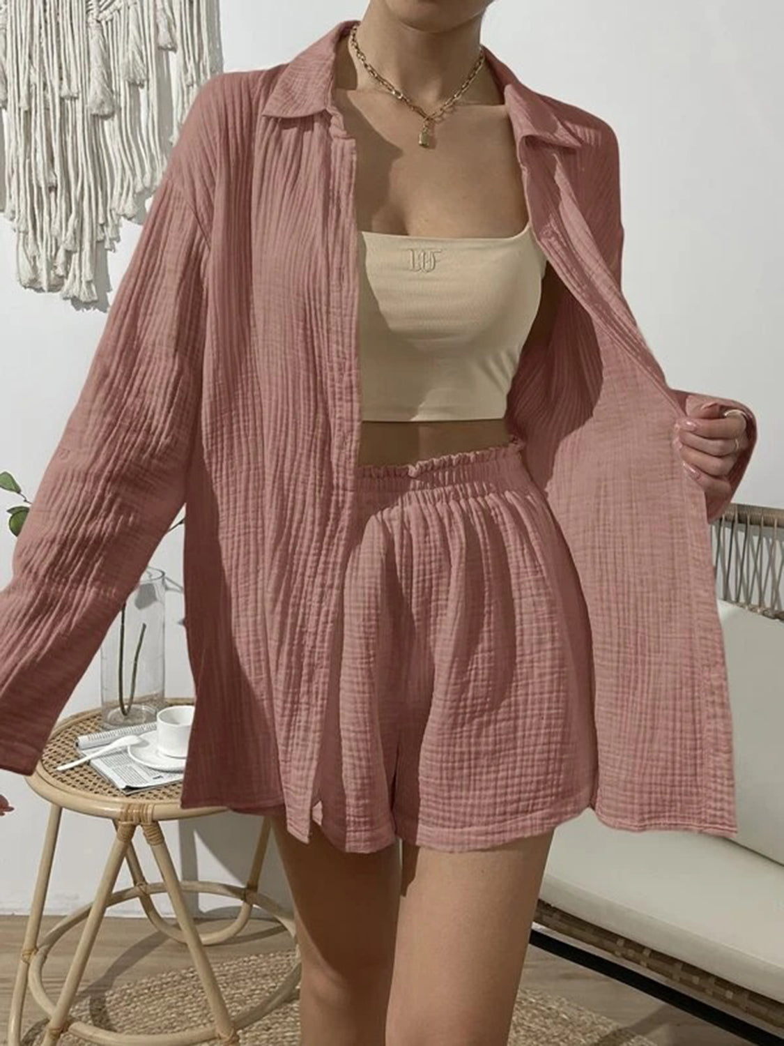 Dropped Shoulder Button Up Top and Elastic Waist Shorts Set