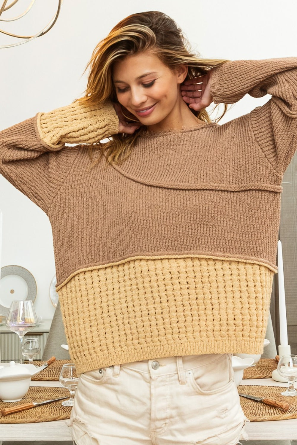 BiBi Texture Detail Contrast Drop Shoulder Sweater