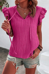 Ruffled Tie Neck Cap Sleeve Blouse