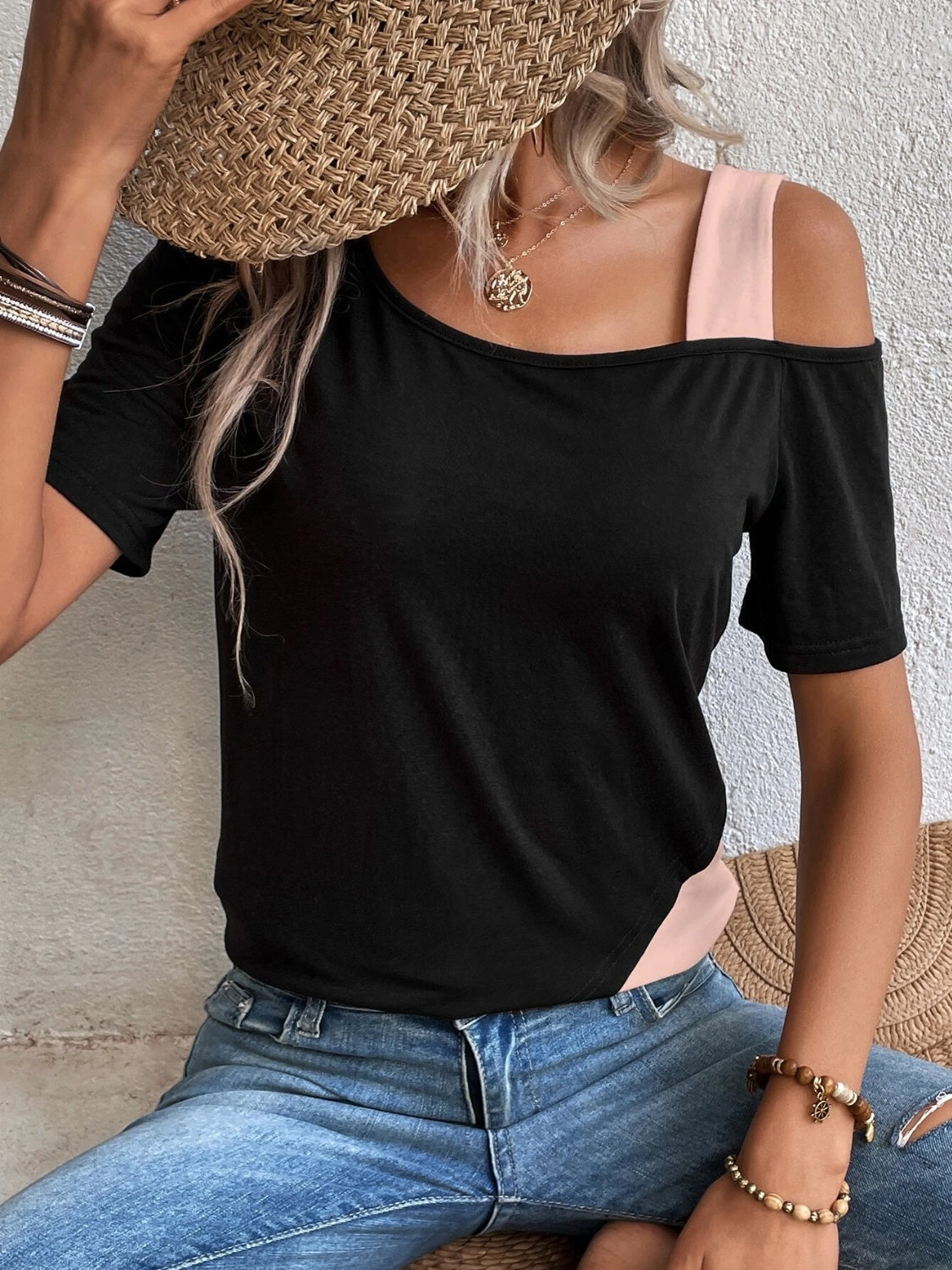 Contrast Asymmetrical Neck Short Sleeve T-Shirt