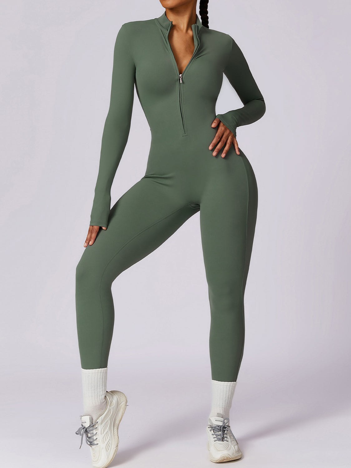 Zip Up Mock Neck Long Sleeve Jumpsuit