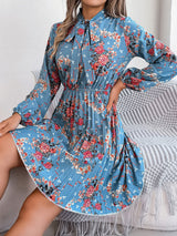 Pleated Printed Tie Neck Long Sleeve Dress