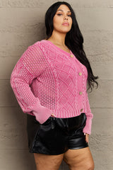 HEYSON Soft Focus Full Size Wash Cable Knit Cardigan in Fuchsia