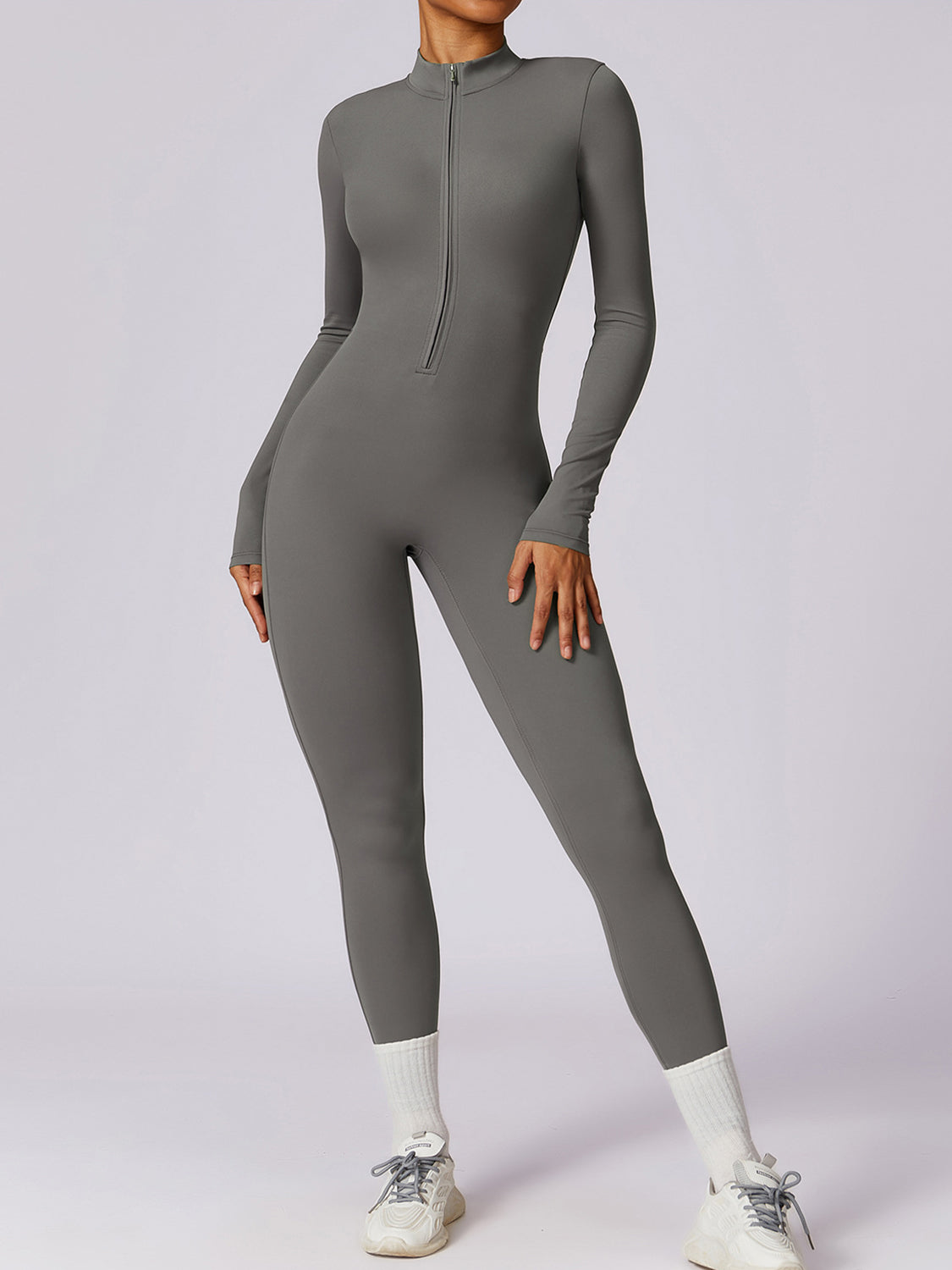 Zip Up Mock Neck Long Sleeve Jumpsuit