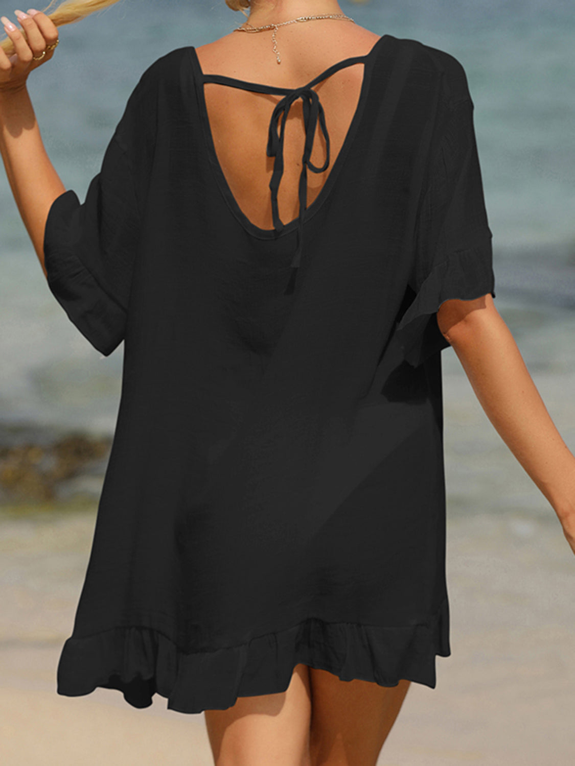 Tied Ruffled Half Sleeve Cover-Up