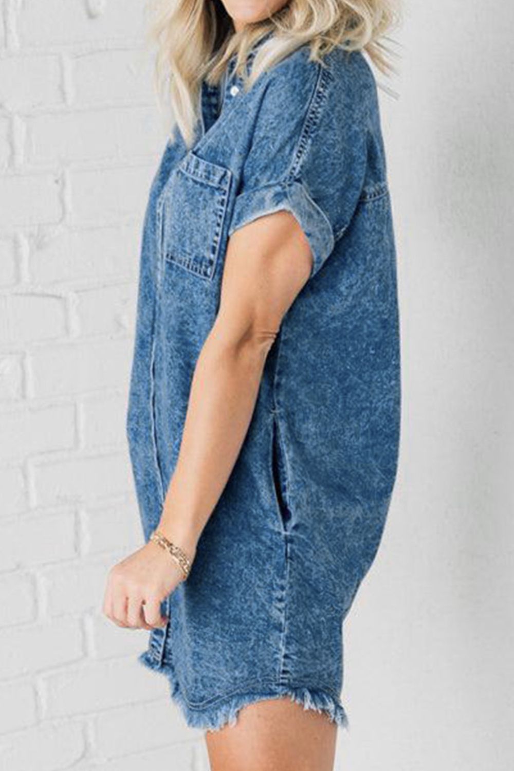 Raw Hem Pocketed Cap Sleeve Denim Dress