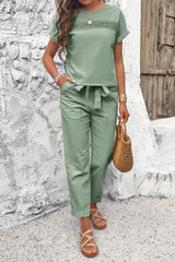 Round Neck Short Sleeve Top and Pants Set