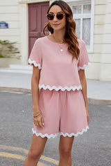 Contrast Trim Round Neck Top and Shorts Set