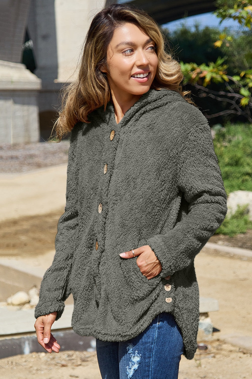 Button Up Long Sleeve Hooded Jacket