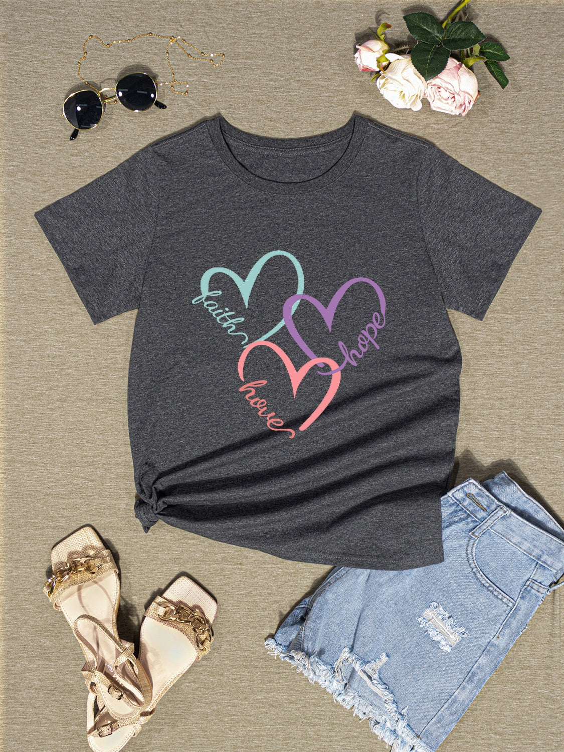 Heart Round Neck Short Sleeve T-Shirt