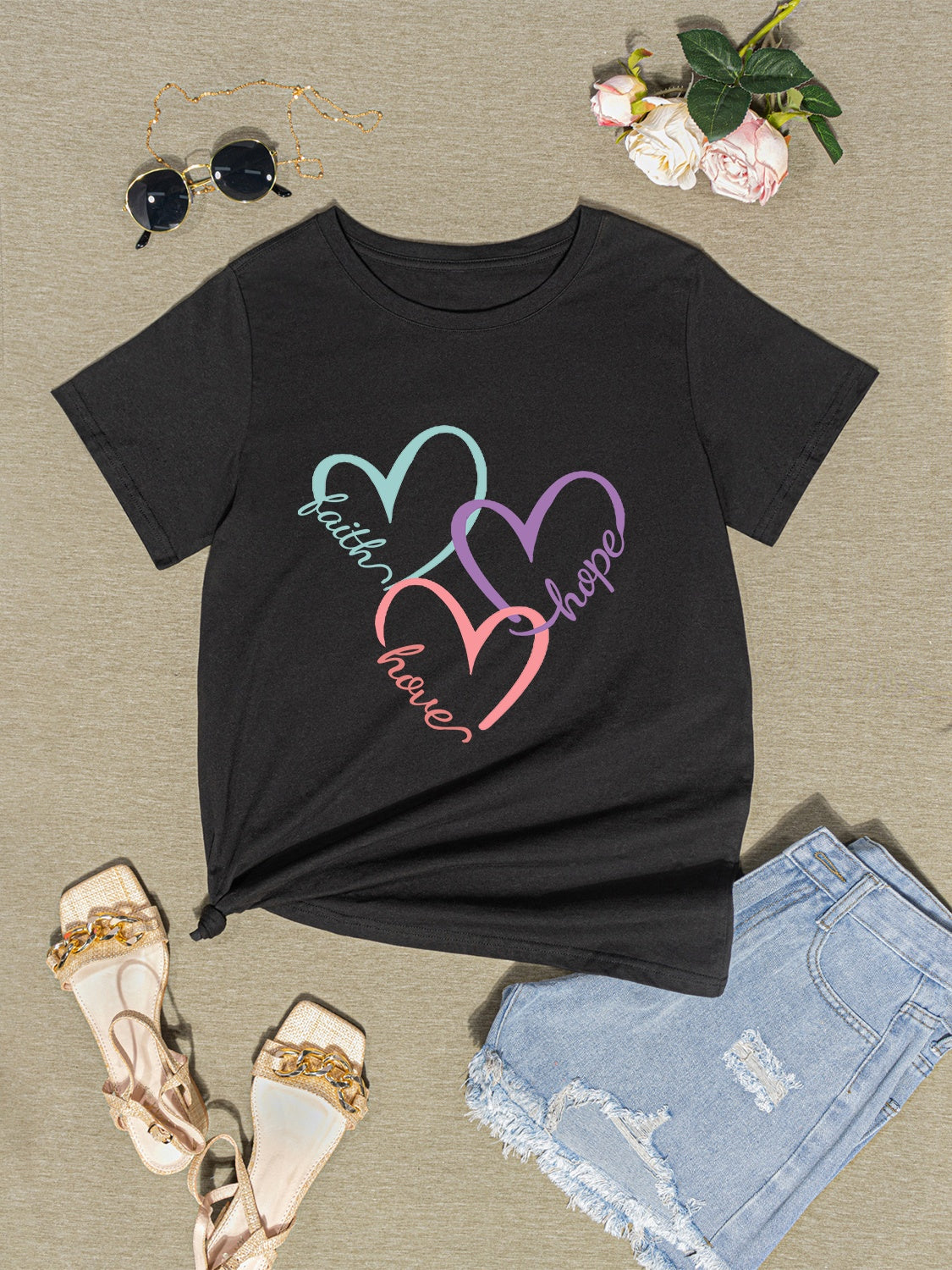 Heart Round Neck Short Sleeve T-Shirt