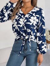 Printed V-Neck Long Sleeve Blouse