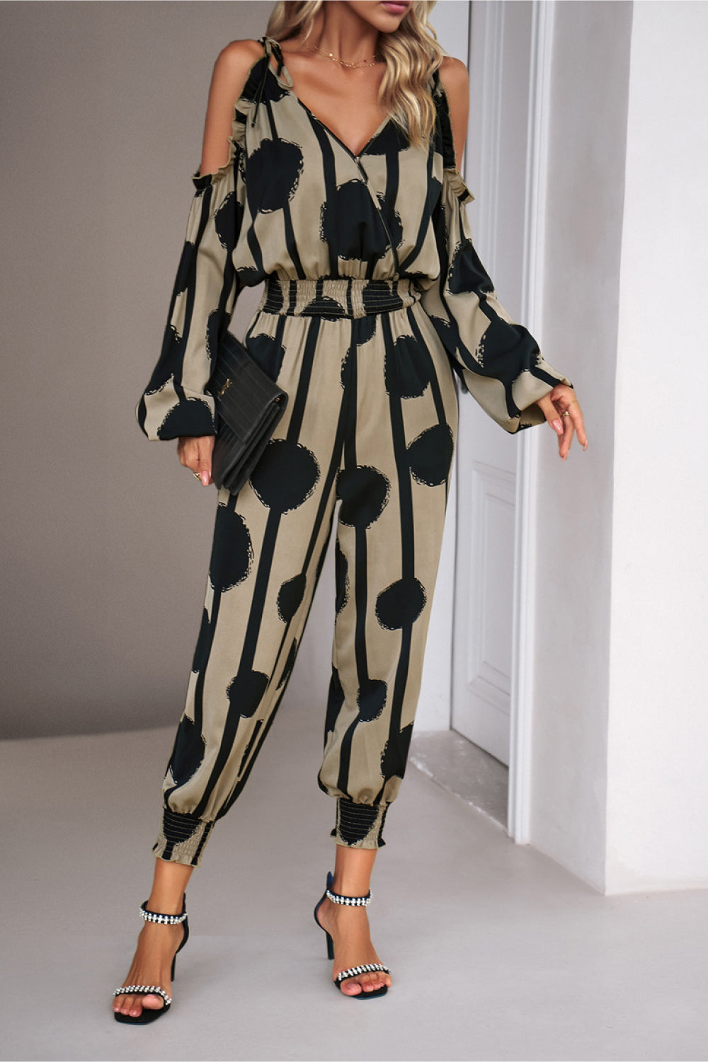 Printed Cold-Shoulder Surplice Neck Jumpsuit