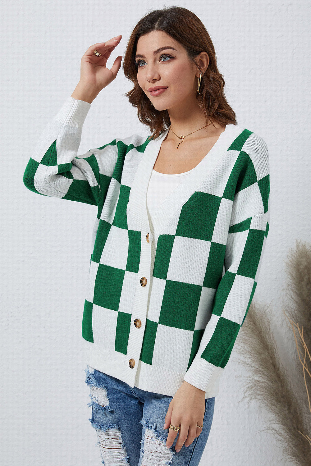 Checkered Button-Up Dropped Shoulder Cardigan