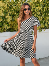 Checkered Single Shoulder Mini Dress